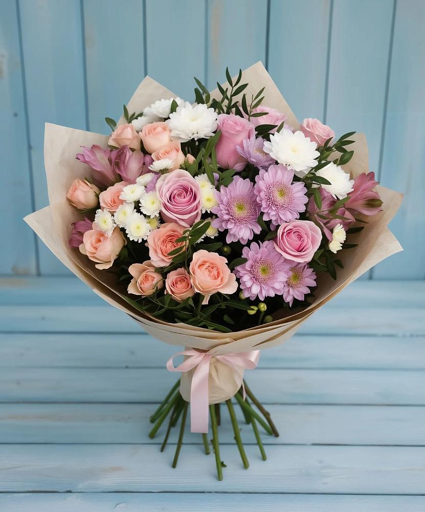 Букет цветов из: Хризантемы, Розы и Альстромерии в Южно-Морской