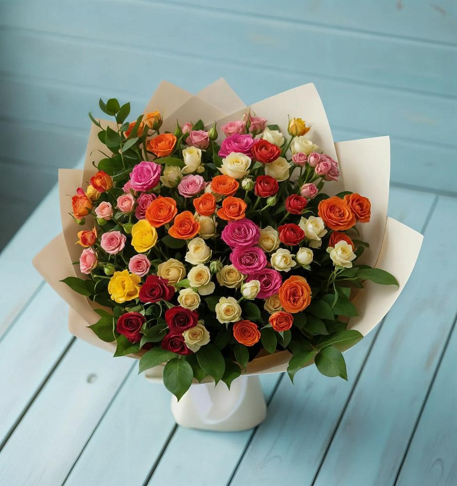 Букет Микс из разноцветных кустовых роз в Южно-Морской
