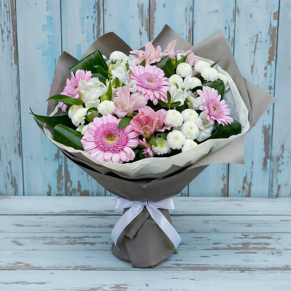 Букет цветов из: Герберы, Альстромерии и Хризантемы в Южно-Морской