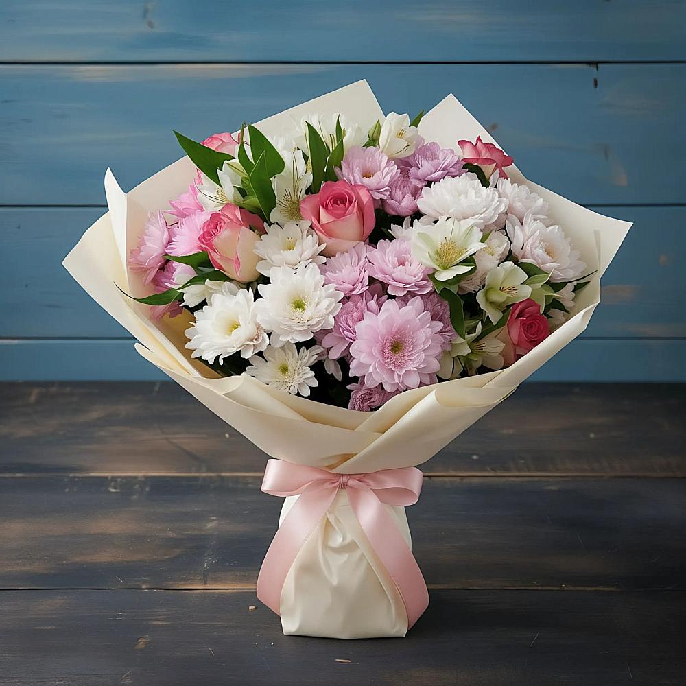 Букет цветов из: Хризантемы, Альстромерии и Розы в Южно-Морской